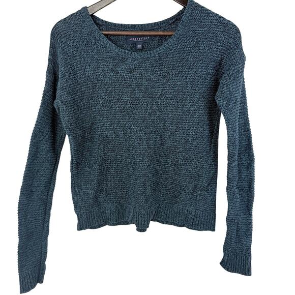 Aeropostale Blue Waffle Knit Crewneck Sweater Womens Medium Cozy Fall Layering - Picture 1 of 4